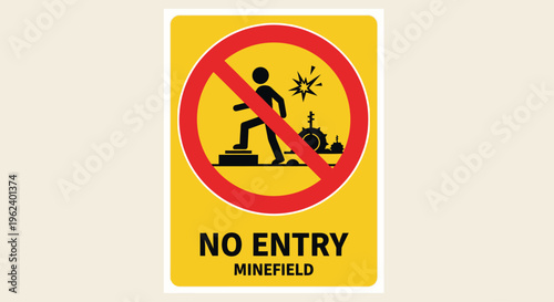 A warning sign indicates no entry due to minefield danger outdoors