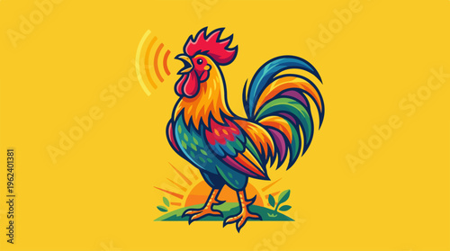 Colorful rooster illustration on a bright yellow background, crowing loudly.