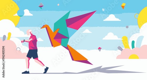 Active senior man jogging alongside a vibrant geometric origami crane, symbolizing freedom, health, and inspired movement under a bright, stylized sky. Vector illustration.