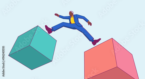 Businessman jumping across a gap between two colorful cubes, representing overcoming challenges and achieving goals