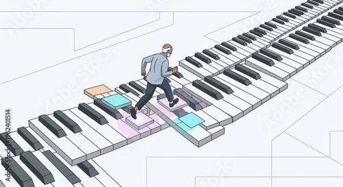 Man running on a giant piano keyboard, representing music, creativity, and the journey of learning an instrument