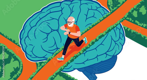 Elderly man jogging on a path inside a stylized brain, symbolizing mental health and cognitive function