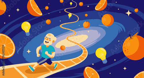 Elderly man running on a path in outer space with oranges and lightbulbs, representing healthy lifestyle and ideas
