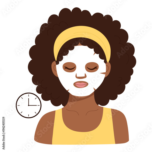 Black woman with sheet mask and clock. Flat vector illustration of female character in yellow headband waiting for facial skincare treatment.