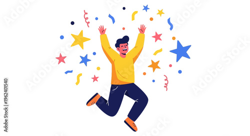 Person jumping with joy surrounded by colorful confetti and stars