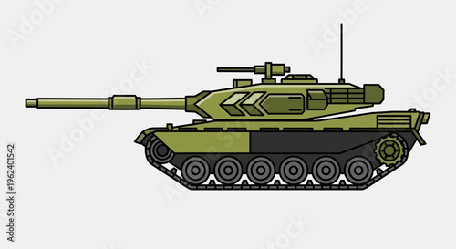 A military tank with a long gun barrel is driving on a battlefield.