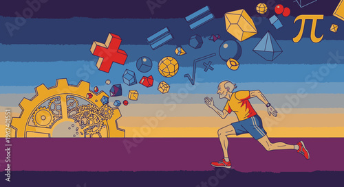 Elderly man running with mathematical symbols and gears emerging from his head, symbolizing mental agility and active aging
