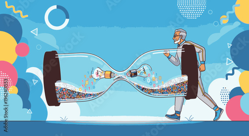 Elderly man running inside an hourglass, symbolizing the passage of time and the race against aging and mortality.