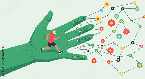 Elderly man running inside a green hand, connected to a network of colorful nodes and gears, symbolizing health and technology
