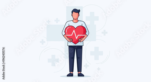 Man holding a red heart with a medical heartbeat line in a health setting