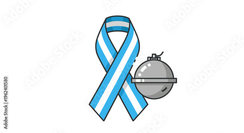 A blue ribbon symbolizes awareness next to a gray bomb.