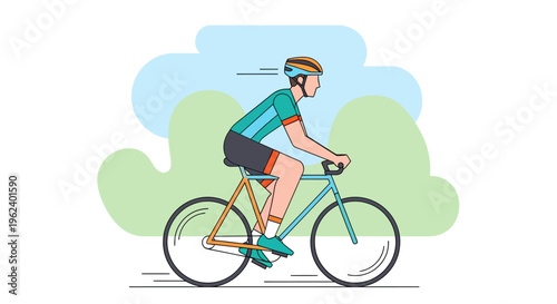 Man riding bicycle fast on road with trees and clouds