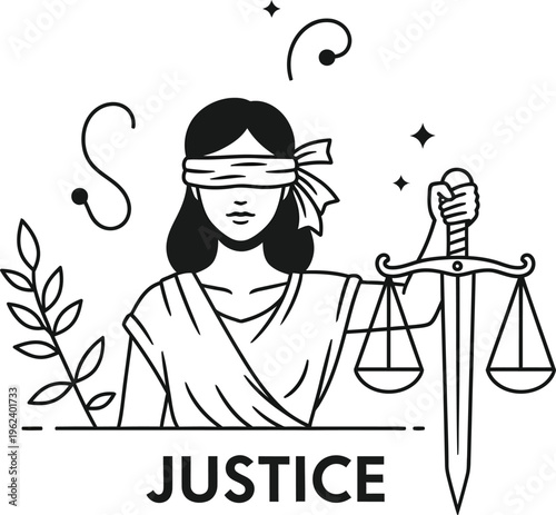 An artistic line drawing presents the blindfolded Lady Justice holding scales and a sword, symbolizing impartiality and the pursuit of fairness in legal systems.