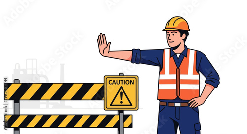 Construction worker stopping traffic with caution sign and roadblock
