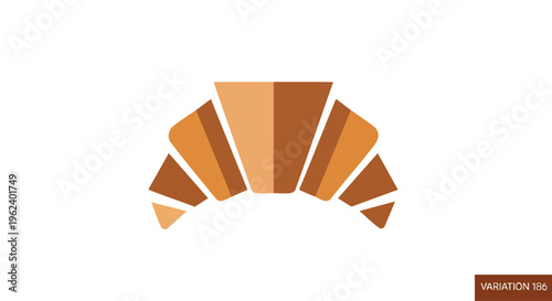 A simple, stylized illustration of a baked pastry. It features a crescent shape, rendered with geometric shapes and warm brown and tan hues