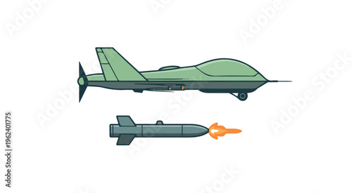 Military Drone and Missile with Orange Flame rocket