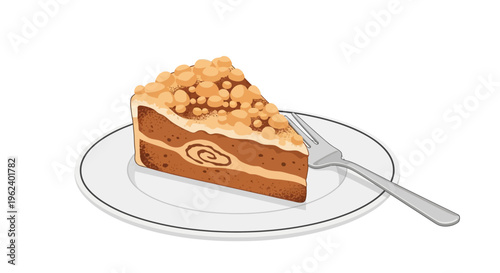 A slice of cake with nuts on a plate and a fork