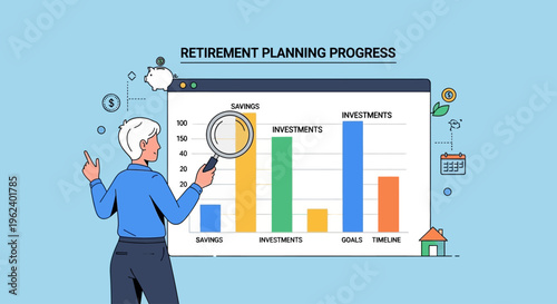 Elderly man analyzing retirement planning progress on a large screen display