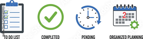 A collection of business icons representing task management, completion, pending items, and organized planning for efficient workflow.