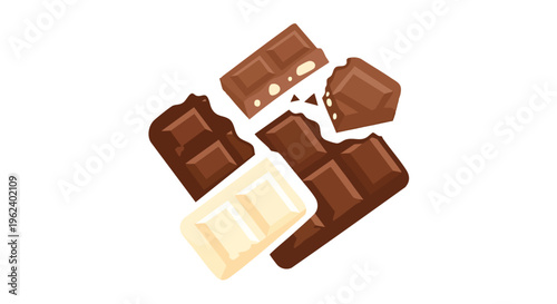 Illustration of several broken chocolate bars, a mix of dark and white, with simple, bold outlines, arranged on a white background