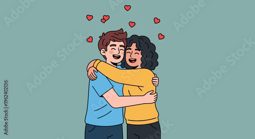 A couple shares a warm hug surrounded by hearts in a lively illustration.