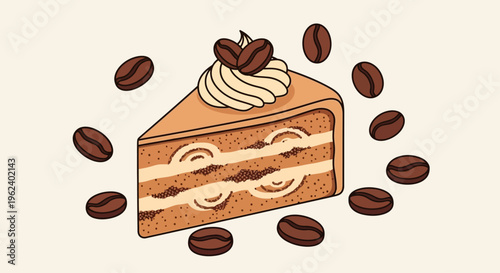 A slice of cake with coffee beans on a table indoors