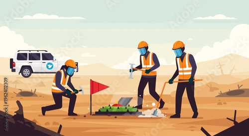 Workers in hazmat suits clear landmine in desert with vehicle nearby