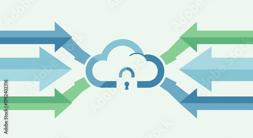 Cloud storage data exchange with secure lock and colorful arrows