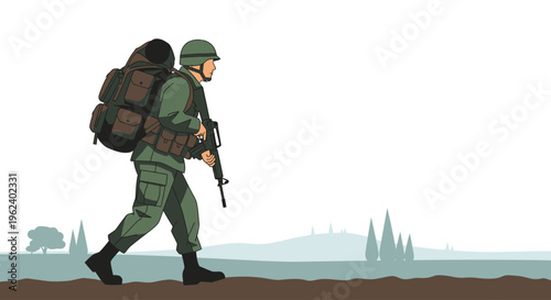 A soldier walks across a vast landscape with a gun and backpack on.