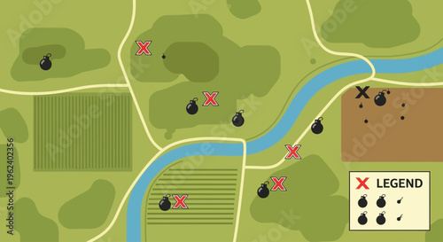 Aerial view of a battle-scarred landscape with a river flowing through fields and forests