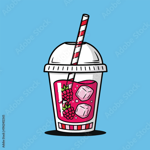 A cartoon illustration of a cold beverage in a clear cup with red berries and ice. A striped straw sits inside