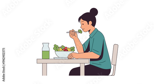 Woman eating healthy salad sitting at table indoors