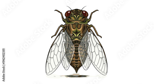 Detailed cicada, standing from a top-down perspective, showcasing its large translucent wings, prominent eyes, and segmented body.