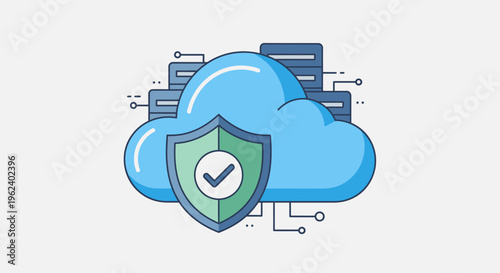 Cloud computing security shield protects data servers with checkmark
