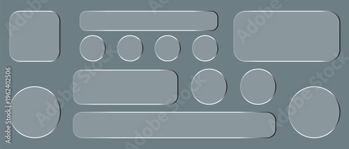 Trend liquid glass frames and buttons set. of glass morphism text boxes, menu windows, search bars, website, mobile app ui ux design elements.  Vector illustration eps10