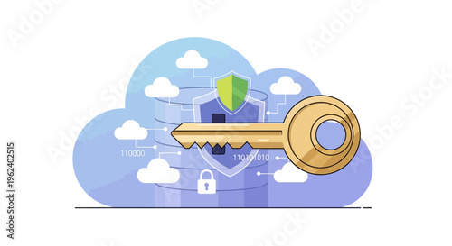 A large golden key secures a shield with a green checkmark on a cloud with locks and white clouds.