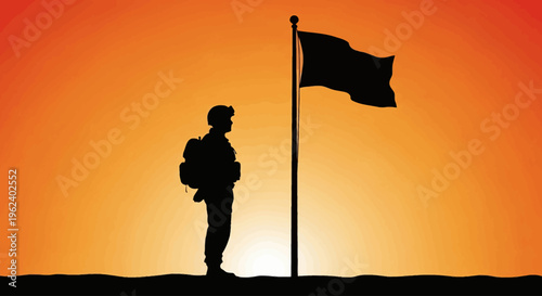 A soldier stands beside a waving flag at sunset on a hilltop.