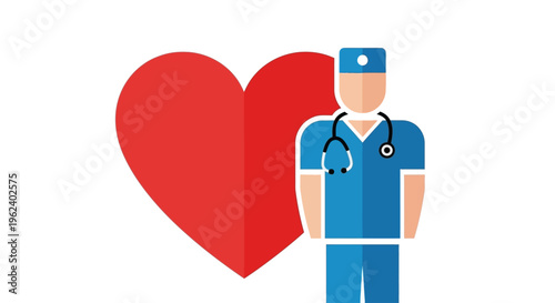 Doctor wearing blue uniform stands beside large red heart symbol