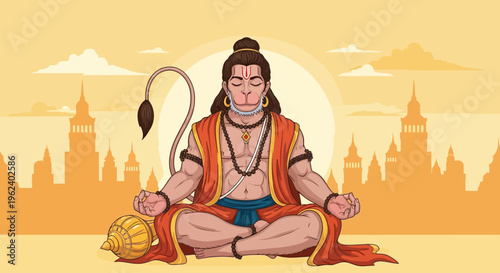 Hindu deity meditates peacefully in cityscape with serpent and accessories nearby