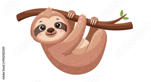 Adorable cartoon sloth, happily hanging upside down from a tree branch, featuring a charming smile and big, friendly eyes.