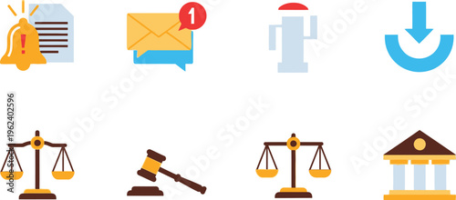 A collection of flat design icons representing alerts, messages, kettles, downloads, scales of justice, a gavel, and a courthouse building.
