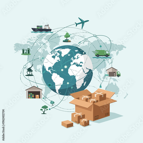 Global logistics and supply chain network connecting continents with transportation modes