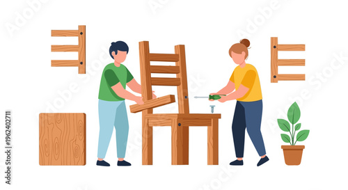 DIY Furniture Assembly by Couple. Man and Woman Building Wooden Chair with Screwdriver. Home Improvement and Renovation Concept.