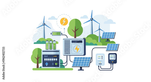 Renewable Energy System: Solar Panels, Wind Turbines, Battery Storage, and Smart Grid for Sustainable Power & Green Technology