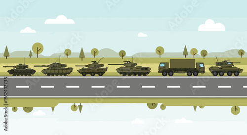 Military vehicles move along a road in a rural landscape with trees.
