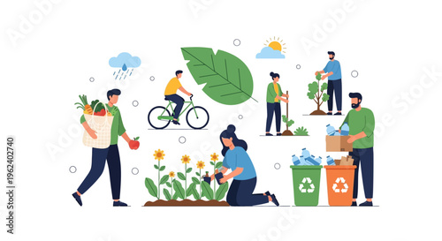 Sustainable Lifestyle and Eco-Friendly Practices. People Recycling, Gardening, Cycling, and Shopping with Reusable Bags for a Green Planet Illustration.
