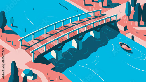 Illustration Of A Small Bridge, Half Of Which Is Made Of Old, Dull Wood, And Half Of Which Is New And Bright Vector Design Template