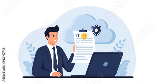 Businessman checking documents on laptop with security shield and IT symbol