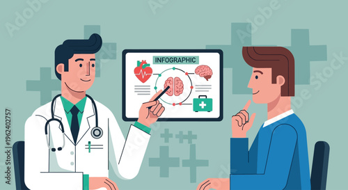 Doctor explaining anatomy to patient with diagram on screen in clinic