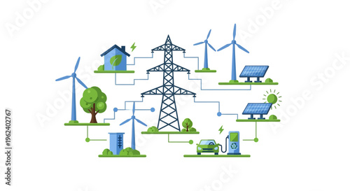 Sustainable Green Energy Smart Grid Network Illustration: Connecting Wind, Solar, Electric Vehicles, and Eco-Homes via Power Transmission